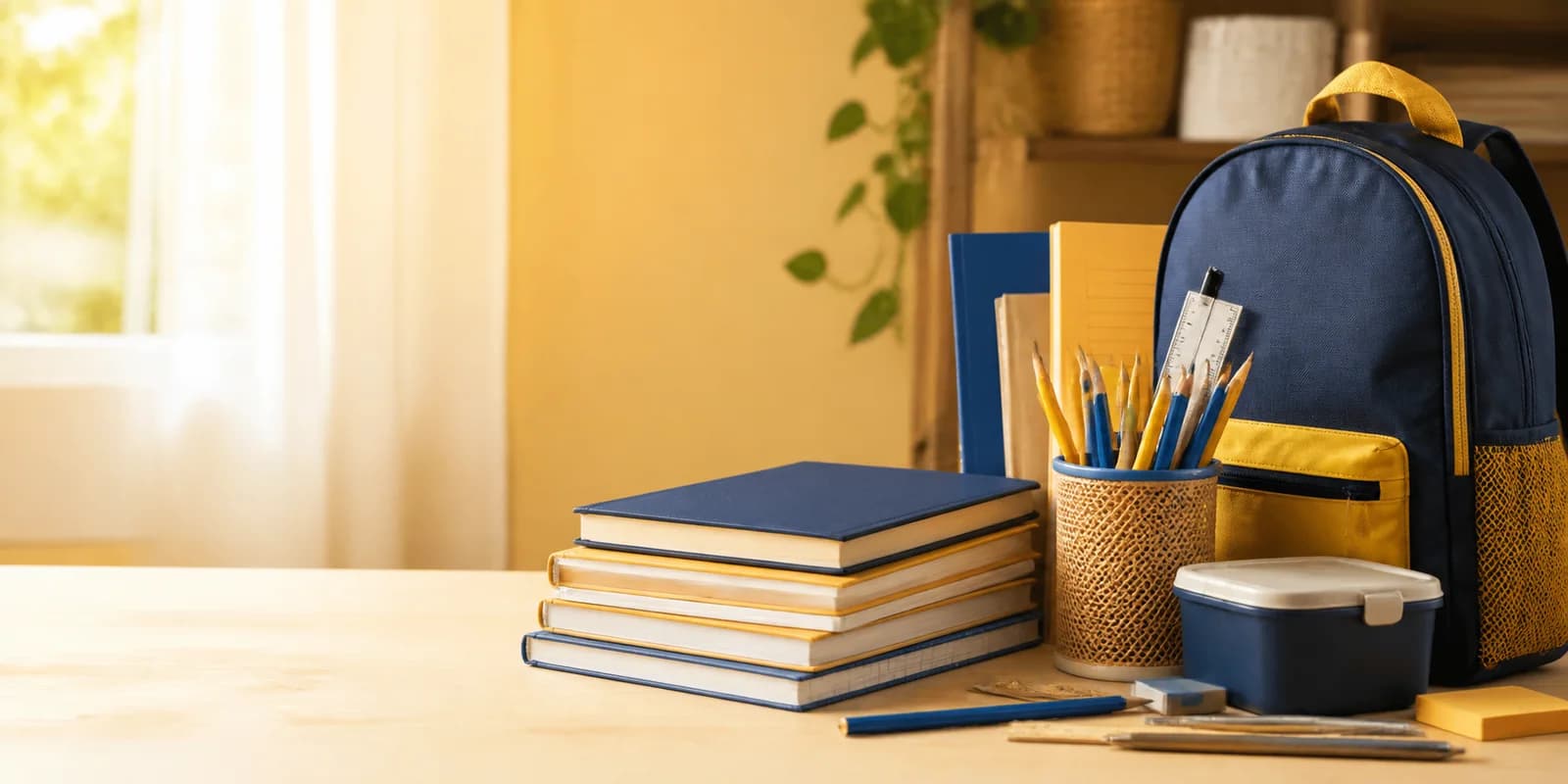 School books, stationery, a backpack, and a lunchbox ready for class